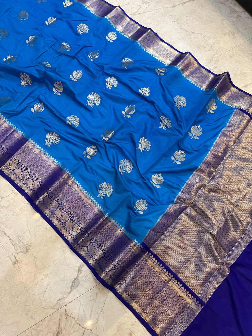 Banarasi Dupion Kataan Silk Zari Weaving Buta Saree - Strong Sea Blue