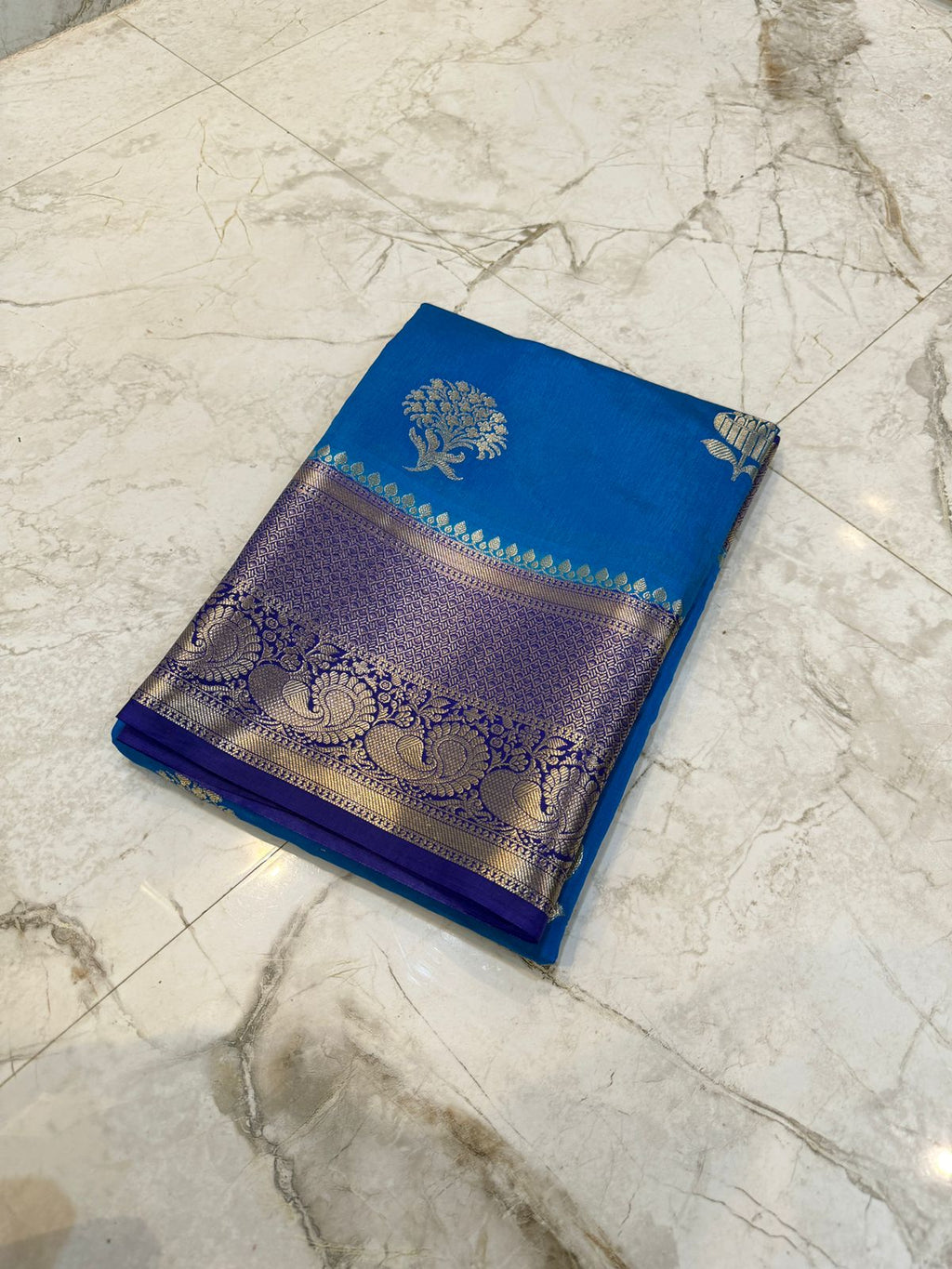 Banarasi Dupion Kataan Silk Zari Weaving Buta Saree - Strong Sea Blue