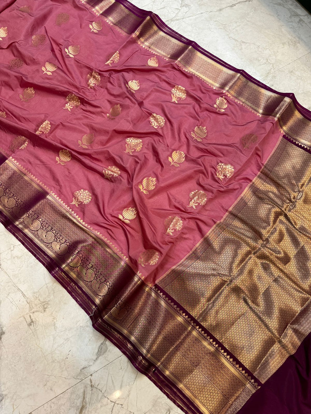 Banarasi Dupion Kataan Silk Zari Weaving Buta Saree - Rose Pink