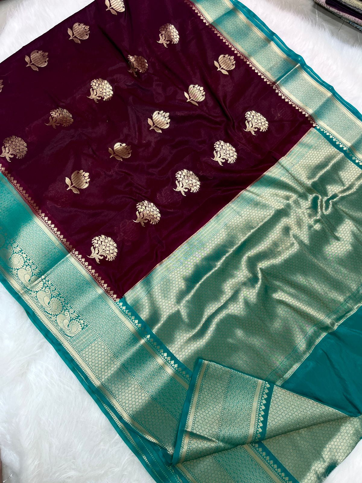 Banarasi Dupion Kataan Silk Zari Weaving Buta Saree -Dark Wine