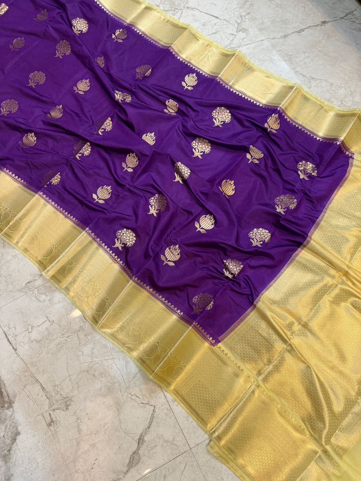 Banarasi Dupion Kataan Silk Zari Weaving Buta Saree -Deep Violet