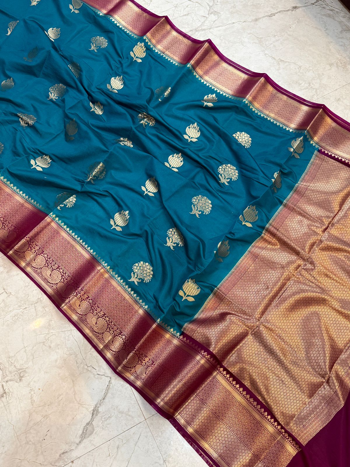 Banarasi Dupion Kataan Silk Zari Weaving Buta Saree -Deep Teal