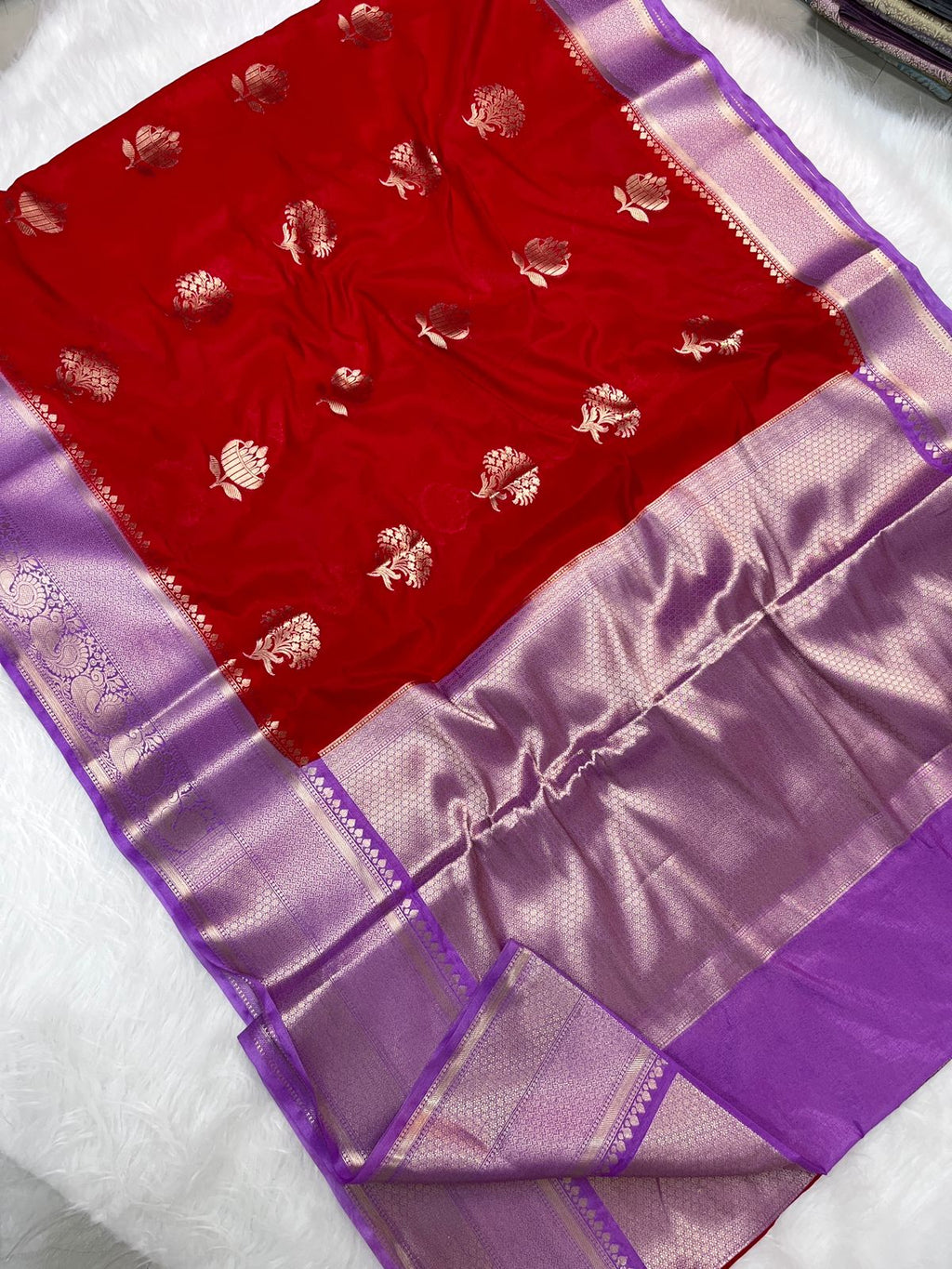 Banarasi Dupion Kataan Silk Zari Weaving Buta Saree -Crimson Red