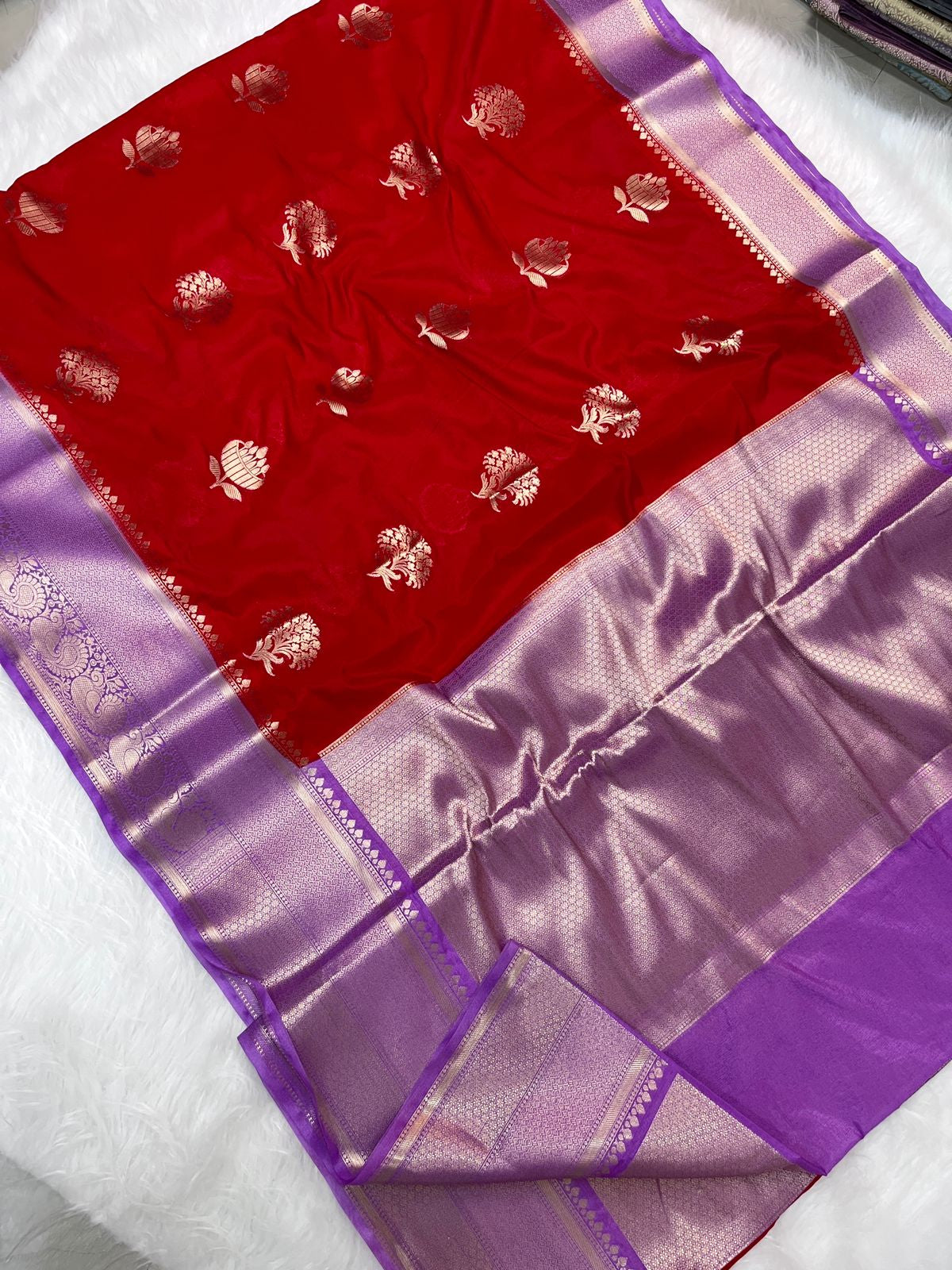 Banarasi Dupion Kataan Silk Zari Weaving Buta Saree -Crimson Red