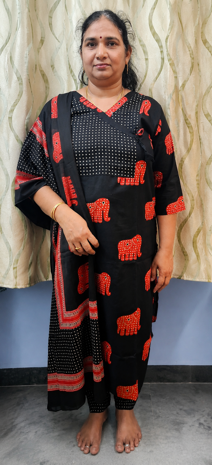 Pure Cotton Elephant Print Kurti Set - Black