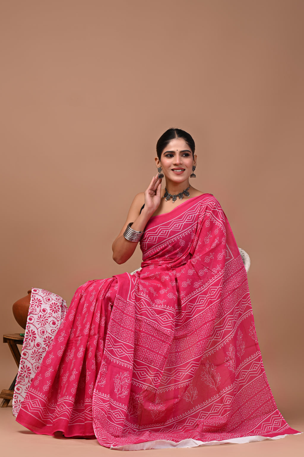 Mul Mul Cotton Saree - Deep raspberry