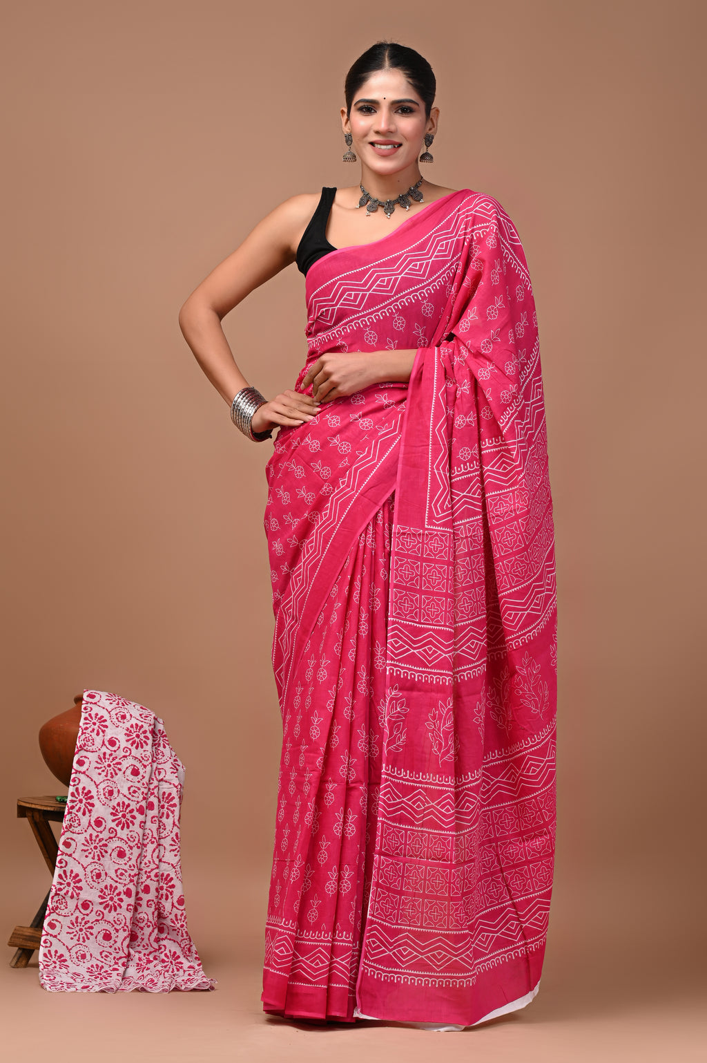Mul Mul Cotton Saree - Deep raspberry