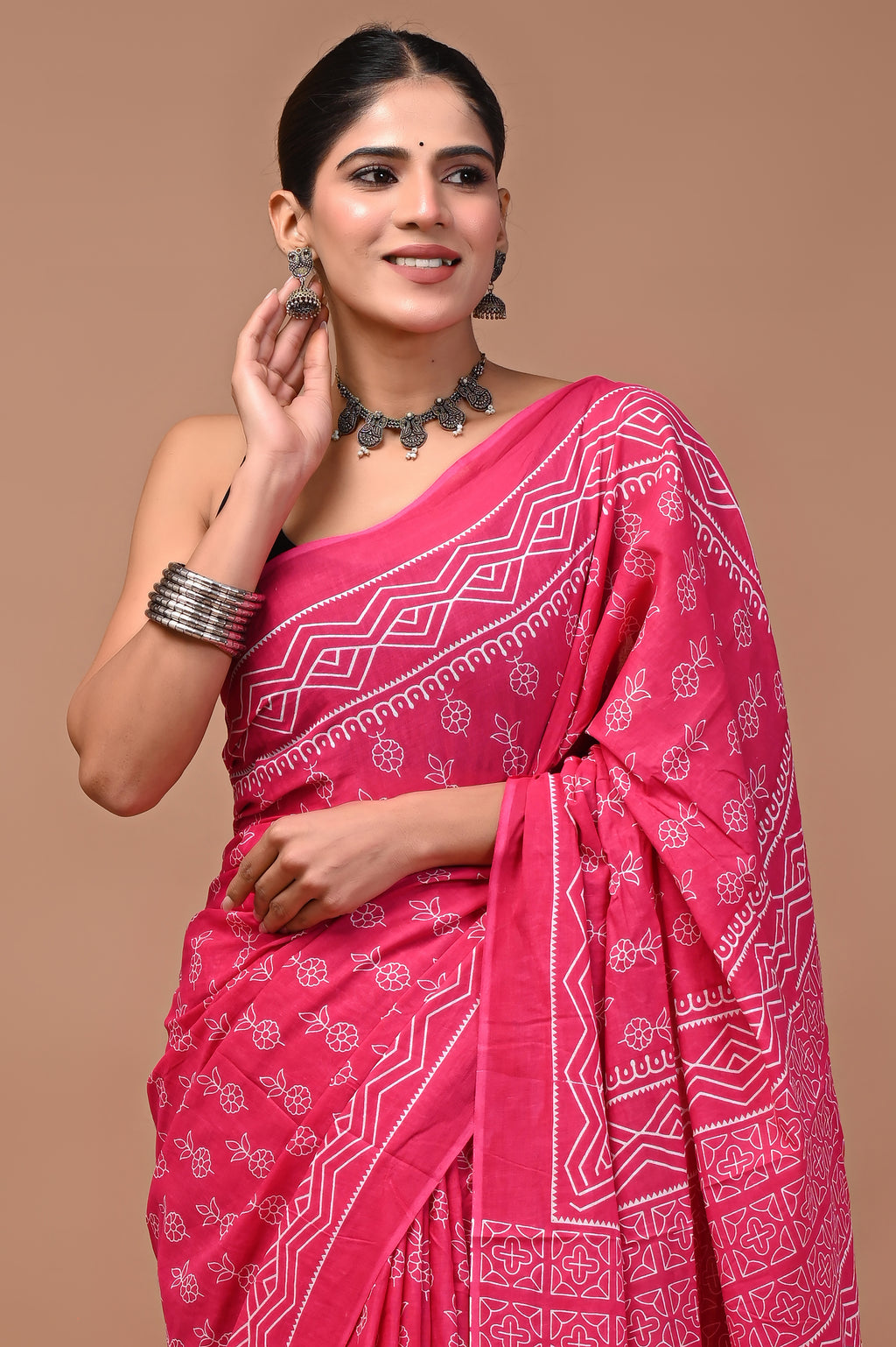 Mul Mul Cotton Saree - Deep raspberry