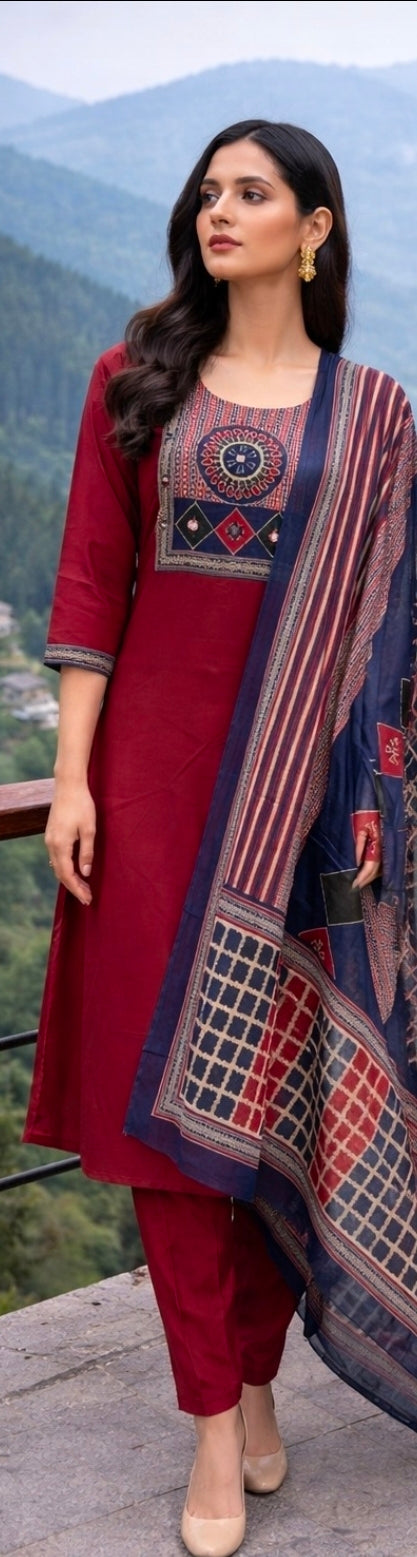 Dhabu Cotton 3-Piece Set - Deep Wine Rose