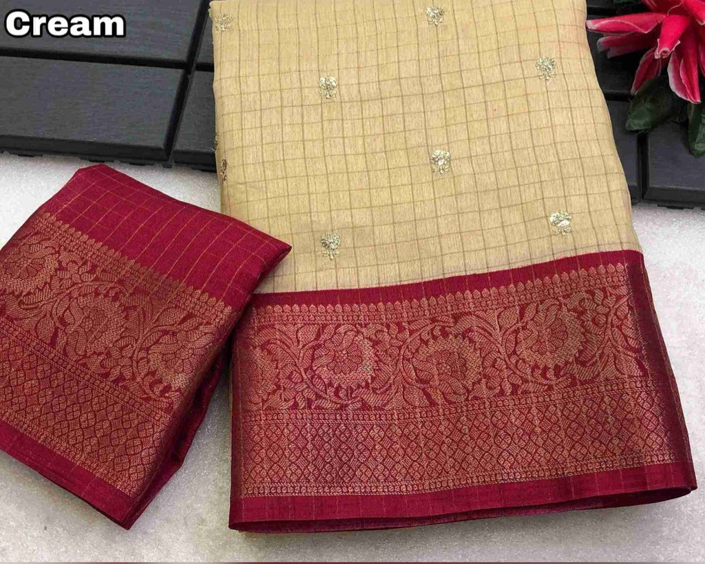 Dola Chex Printed Saree - Cream
