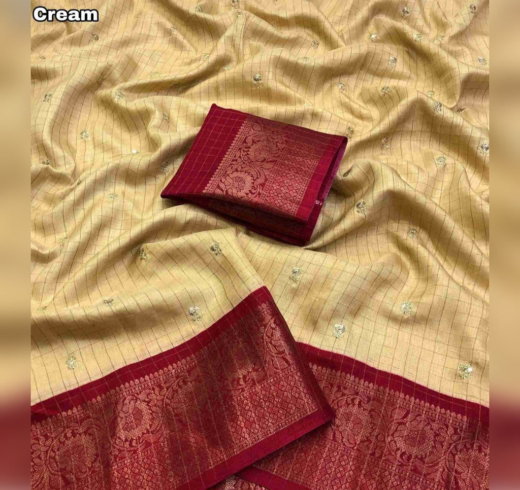 Dola Chex Printed Saree - Cream