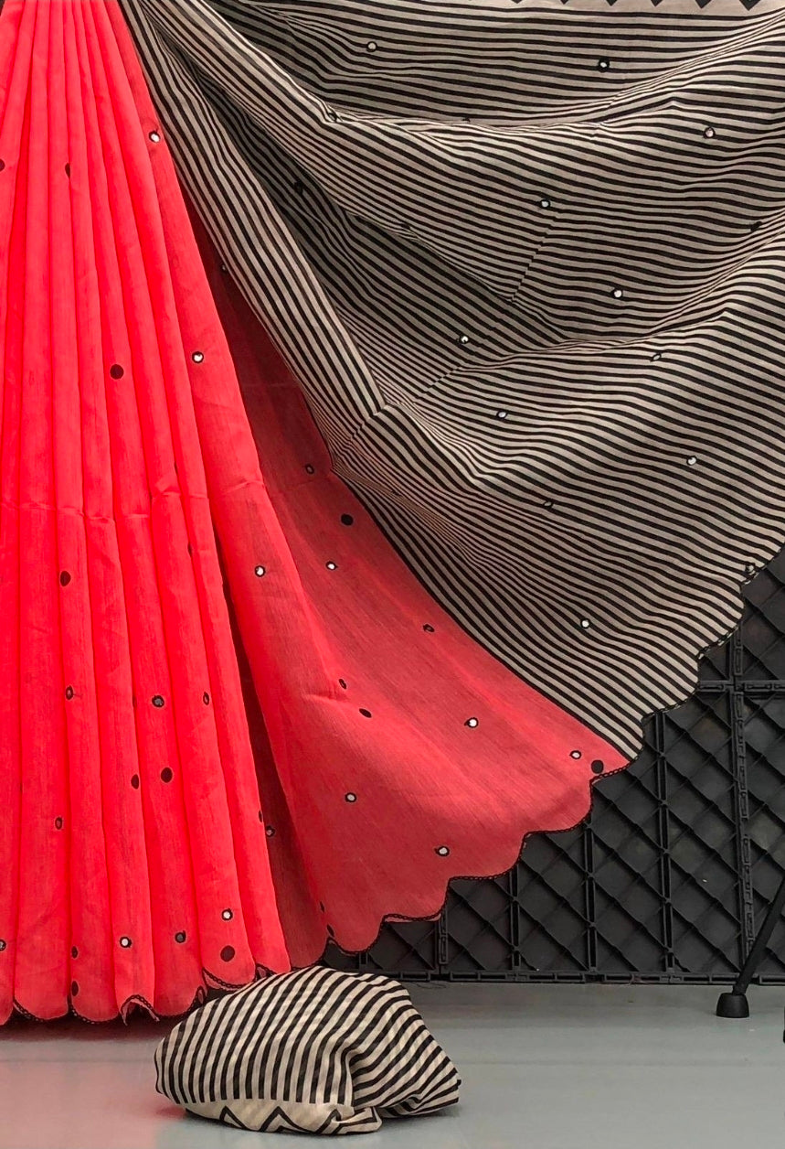 Chenderi Saree - Coral red