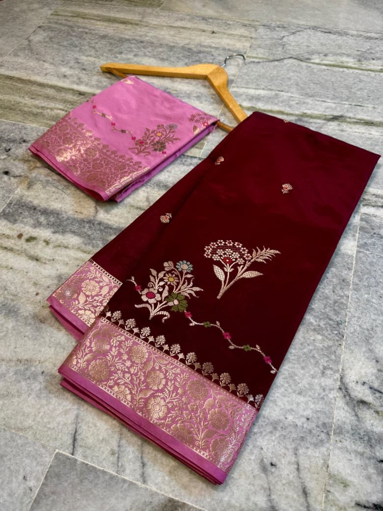 Banarasi semi kattan premium saree - Deep wine red