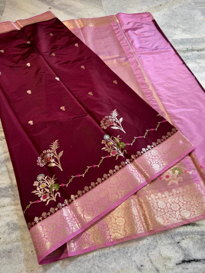 Banarasi semi kattan premium saree - Deep wine red