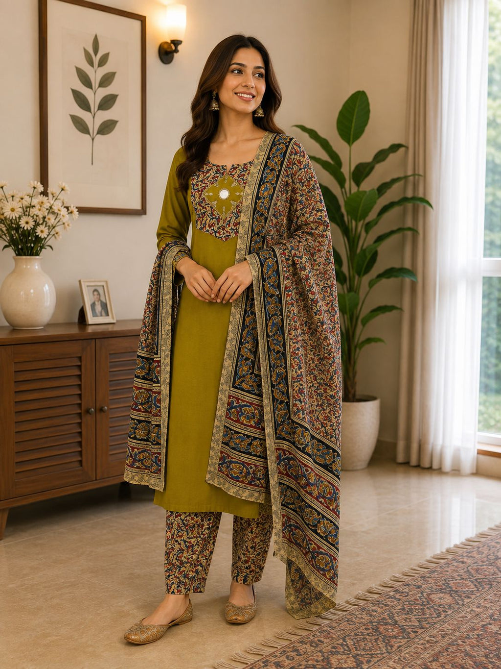 Kalamkari Three-Piece Set – New Pattern- Dark Mustard