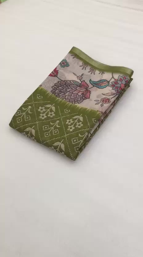 Soft Linen Patola Design Saree - Dark olive green