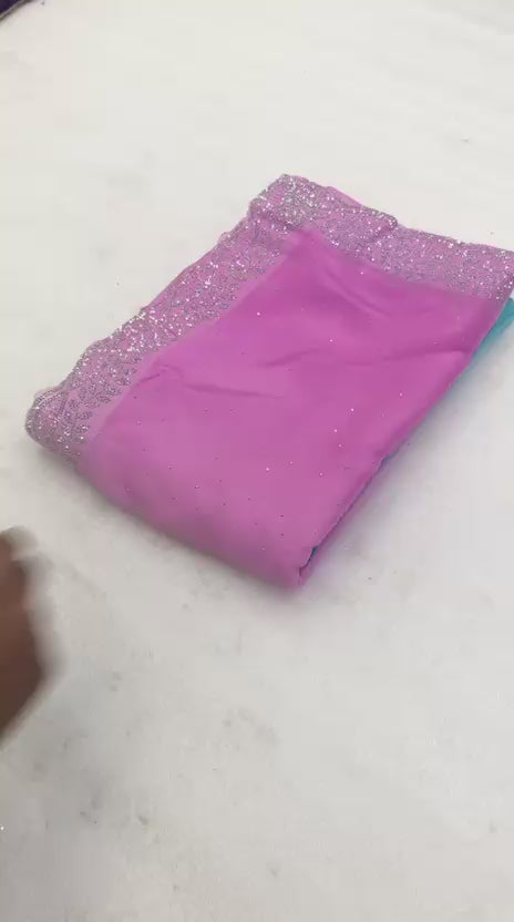 Star Georgette Siroski Saree - Sky Blue And Baby Pink Gradient