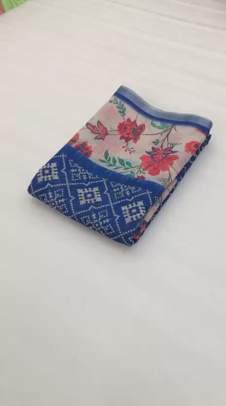 Soft Linen Patola Design Saree - Deep royal blue