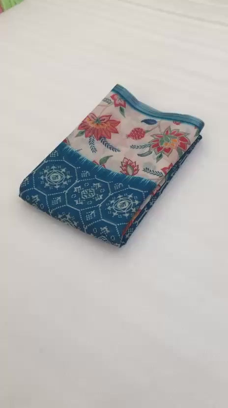 Soft Linen Patola Design Saree - Deep navy blue