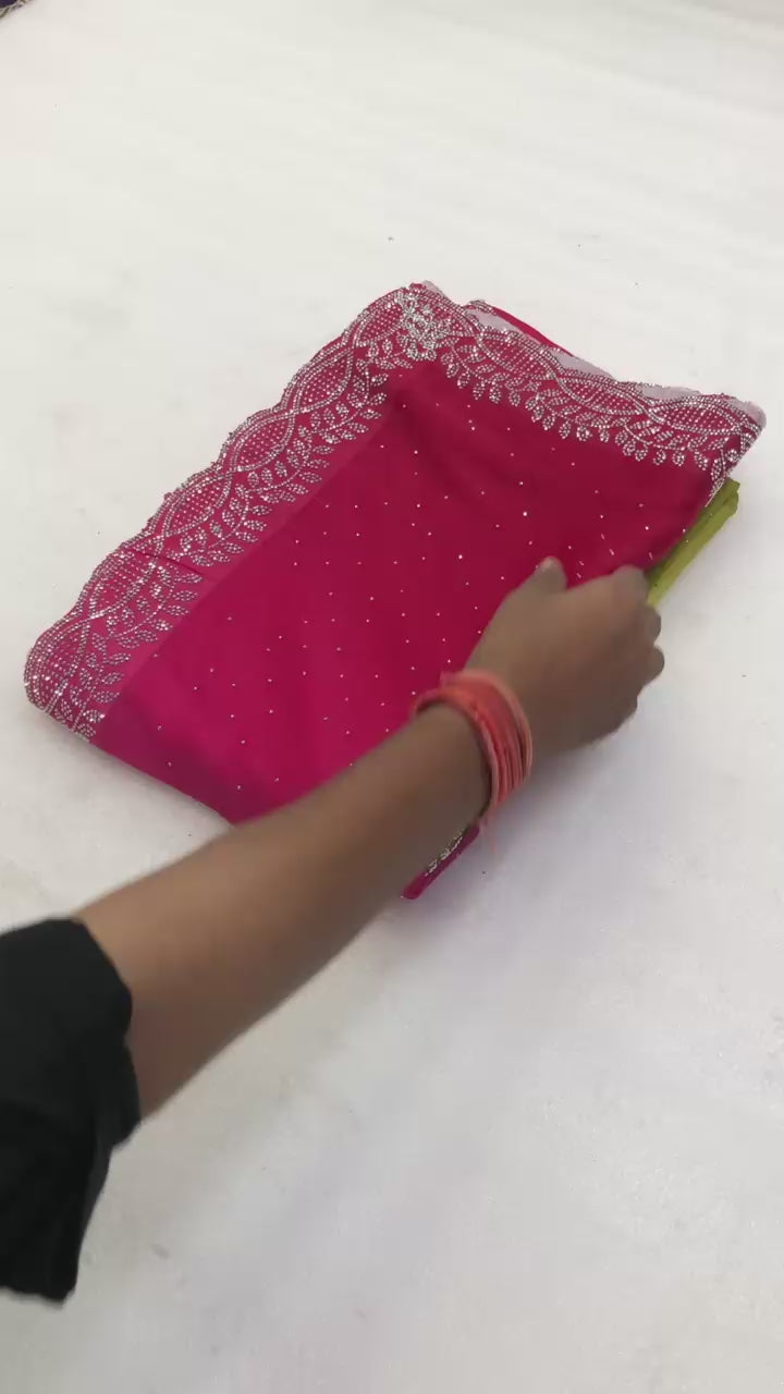 Star Georgette Siroski Saree - Green And Pink Gradient
