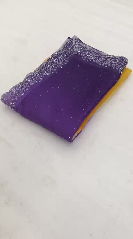 Star Georgette Siroski Saree - Warm Yellow And Purple Gradient