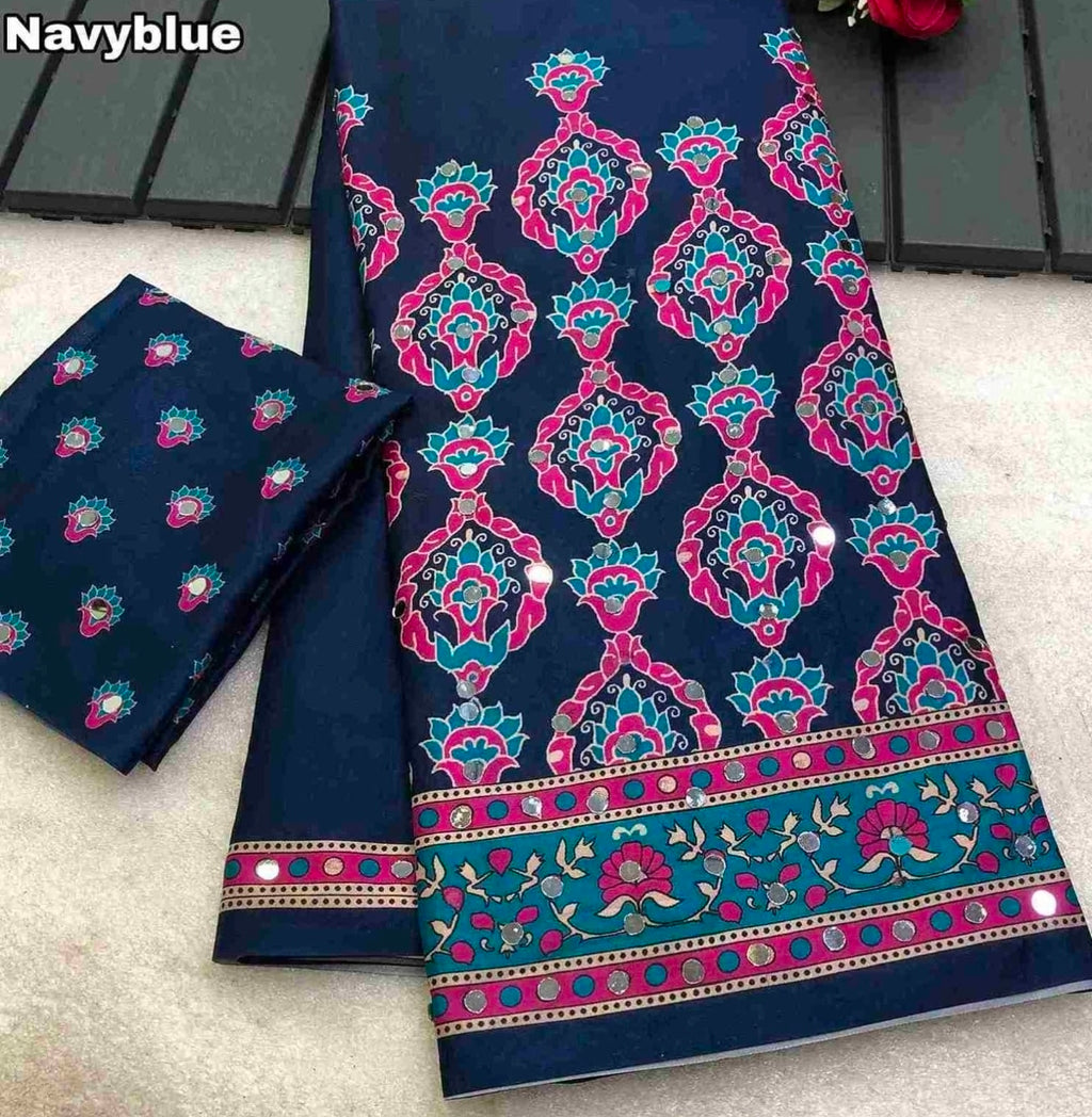 Ajrakh Mirror Work Saree - Navyblue