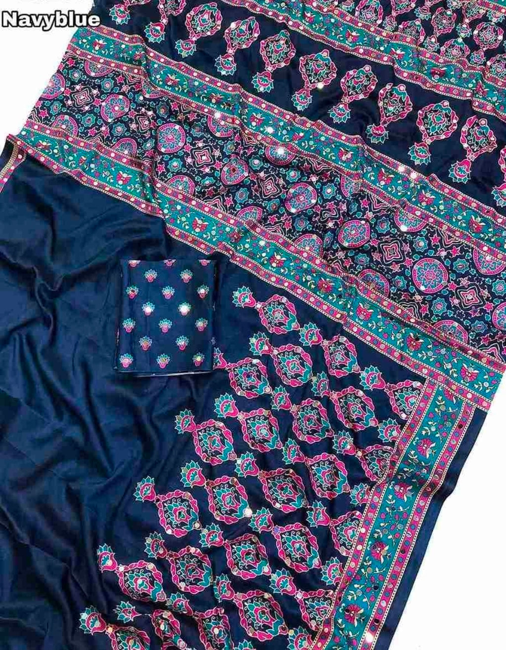 Ajrakh Mirror Work Saree - Navyblue